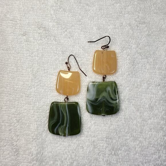 Cream and Green Geometric Statement Dangle Earrings - Picture 5 of 7